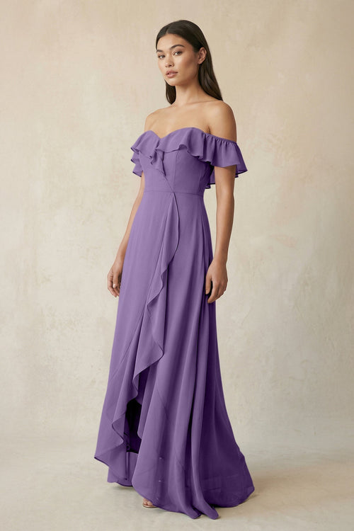 Ruffled Off-the-Shoulder A-Line Chiffon Bridesmaid Dress in Tahiti - KissProm BRIDESMAID DRESSES