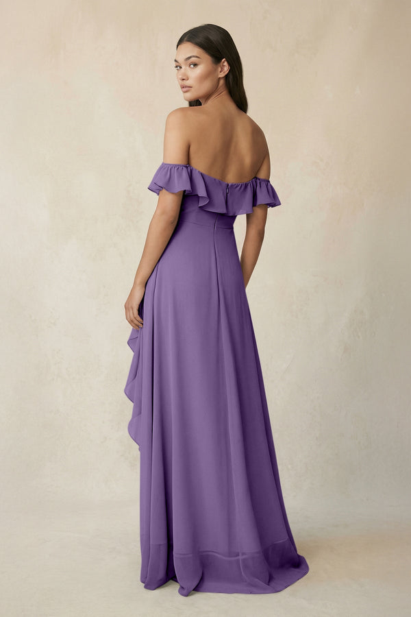 Ruffled Off-the-Shoulder A-Line Chiffon Bridesmaid Dress in Tahiti - KissProm BRIDESMAID DRESSES