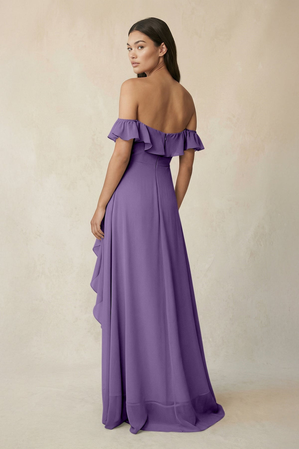 Ruffled Off-the-Shoulder A-Line Chiffon Bridesmaid Dress in Tahiti - KissProm BRIDESMAID DRESSES
