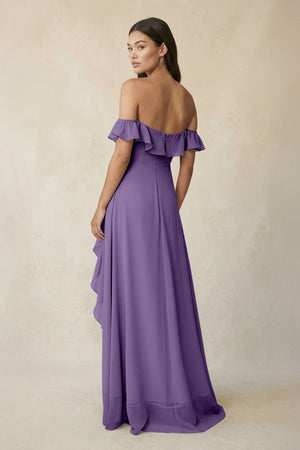 Ruffled Off-the-Shoulder A-Line Chiffon Bridesmaid Dress in Tahiti - KissProm BRIDESMAID DRESSES