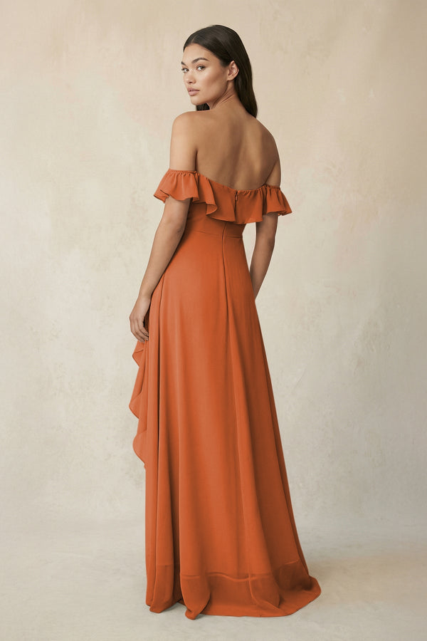 Ruffled Off-the-Shoulder A-Line Chiffon Bridesmaid Dress in Terracotta - KissProm BRIDESMAID DRESSES