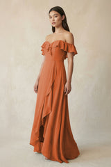 Ruffled Off-the-Shoulder A-Line Chiffon Bridesmaid Dress in Terracotta - KissProm BRIDESMAID DRESSES
