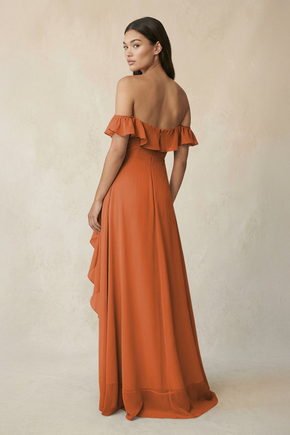 Ruffled Off-the-Shoulder A-Line Chiffon Bridesmaid Dress in Terracotta - KissProm BRIDESMAID DRESSES