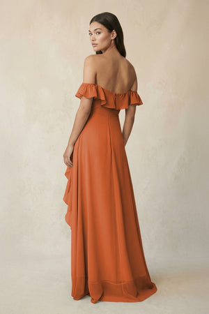 Ruffled Off-the-Shoulder A-Line Chiffon Bridesmaid Dress in Terracotta - KissProm BRIDESMAID DRESSES