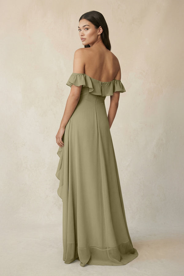 Ruffled Off-the-Shoulder A-Line Chiffon Bridesmaid Dress in Thyme - KissProm BRIDESMAID DRESSES