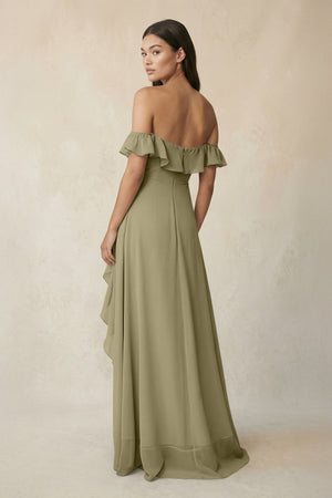 Ruffled Off-the-Shoulder A-Line Chiffon Bridesmaid Dress in Thyme - KissProm BRIDESMAID DRESSES