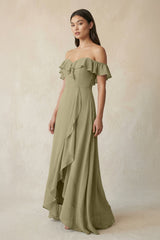 Ruffled Off-the-Shoulder A-Line Chiffon Bridesmaid Dress in Thyme - KissProm BRIDESMAID DRESSES