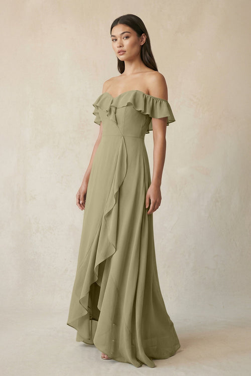 Ruffled Off-the-Shoulder A-Line Chiffon Bridesmaid Dress in Thyme - KissProm BRIDESMAID DRESSES
