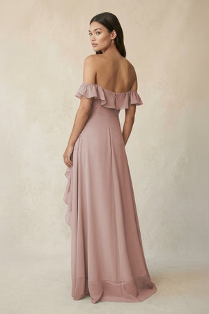 Ruffled Off-the-Shoulder A-Line Chiffon Bridesmaid Dress in Toffee - KissProm BRIDESMAID DRESSES