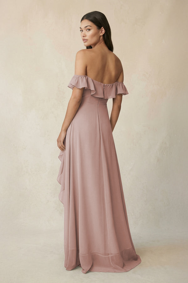 Ruffled Off-the-Shoulder A-Line Chiffon Bridesmaid Dress in Toffee - KissProm BRIDESMAID DRESSES