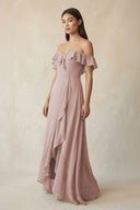 Ruffled Off-the-Shoulder A-Line Chiffon Bridesmaid Dress in Toffee - KissProm BRIDESMAID DRESSES