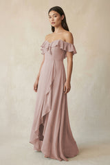 Ruffled Off-the-Shoulder A-Line Chiffon Bridesmaid Dress in Toffee - KissProm BRIDESMAID DRESSES