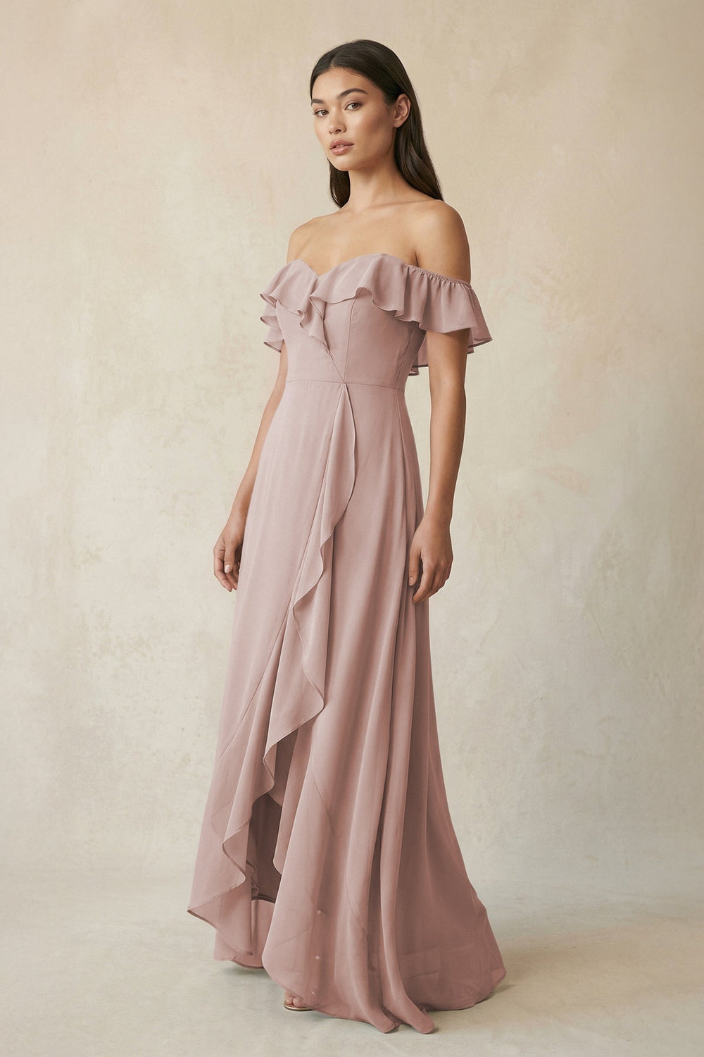 Ruffled Off-the-Shoulder A-Line Chiffon Bridesmaid Dress in Toffee - KissProm BRIDESMAID DRESSES