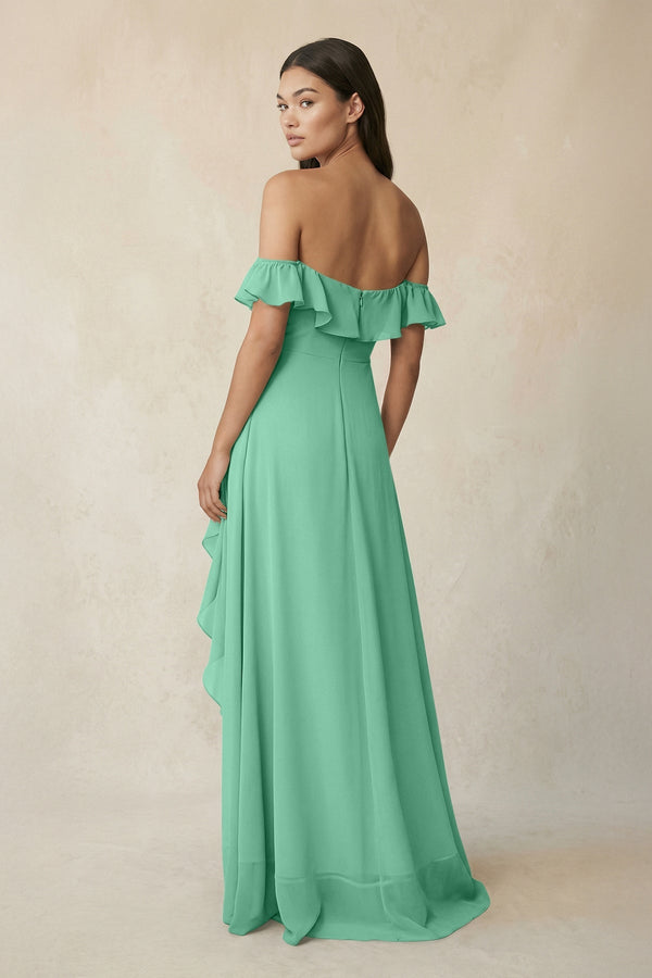 Ruffled Off-the-Shoulder A-Line Chiffon Bridesmaid Dress in Turquoise - KissProm BRIDESMAID DRESSES