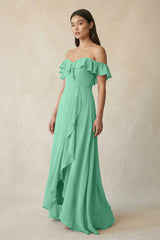 Ruffled Off-the-Shoulder A-Line Chiffon Bridesmaid Dress in Turquoise - KissProm BRIDESMAID DRESSES