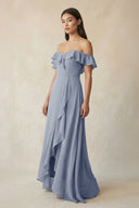 Ruffled Off-the-Shoulder A-Line Chiffon Bridesmaid Dress in Twilight - KissProm BRIDESMAID DRESSES