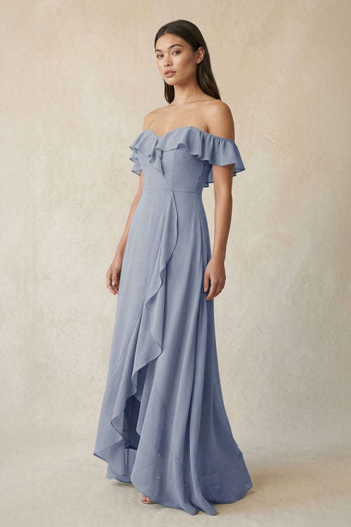 Ruffled Off-the-Shoulder A-Line Chiffon Bridesmaid Dress in Twilight - KissProm BRIDESMAID DRESSES