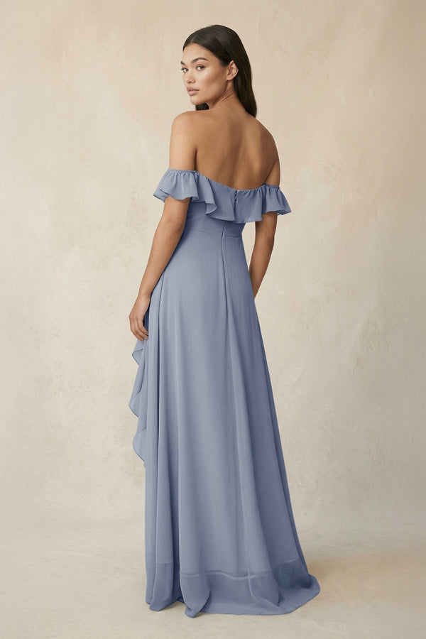 Ruffled Off-the-Shoulder A-Line Chiffon Bridesmaid Dress in Twilight - KissProm BRIDESMAID DRESSES