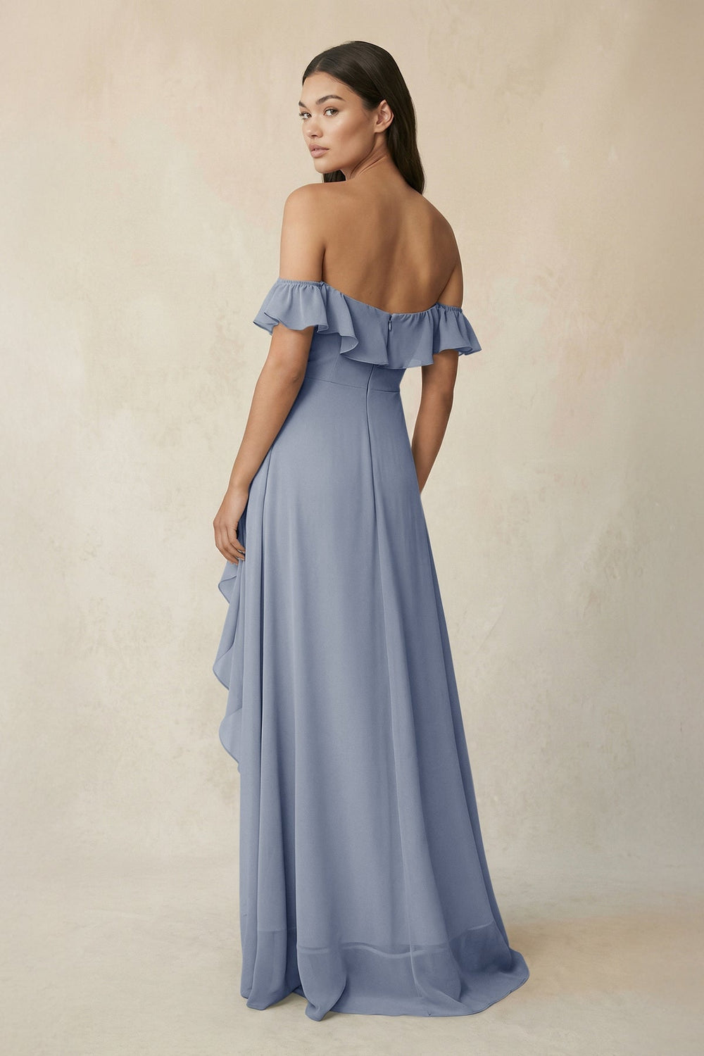 Ruffled Off-the-Shoulder A-Line Chiffon Bridesmaid Dress in Twilight - KissProm BRIDESMAID DRESSES