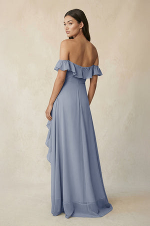 Ruffled Off-the-Shoulder A-Line Chiffon Bridesmaid Dress in Twilight - KissProm BRIDESMAID DRESSES