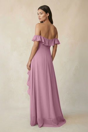 Ruffled Off-the-Shoulder A-Line Chiffon Bridesmaid Dress in Vintage Mauve - KissProm BRIDESMAID DRESSES