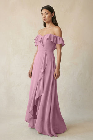 Ruffled Off-the-Shoulder A-Line Chiffon Bridesmaid Dress in Vintage Mauve - KissProm BRIDESMAID DRESSES