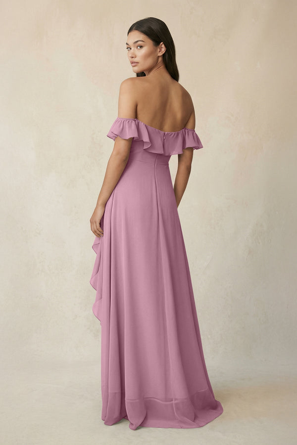 Ruffled Off-the-Shoulder A-Line Chiffon Bridesmaid Dress in Vintage Mauve - KissProm BRIDESMAID DRESSES