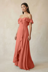 Ruffled Off-the-Shoulder A-Line Chiffon Bridesmaid Dress in Wild Rose - KissProm BRIDESMAID DRESSES