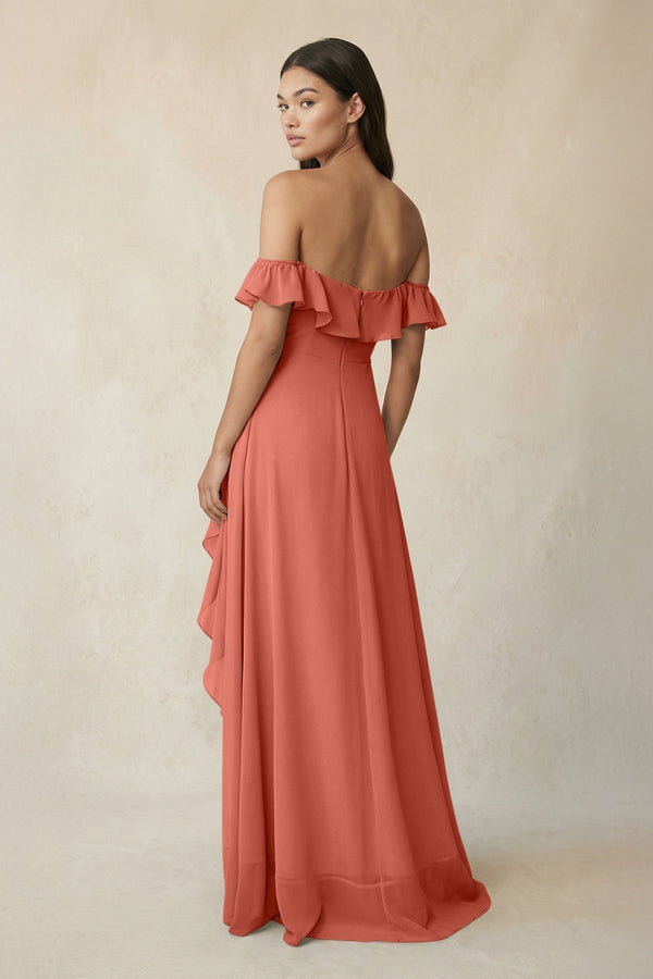 Ruffled Off-the-Shoulder A-Line Chiffon Bridesmaid Dress in Wild Rose - KissProm BRIDESMAID DRESSES