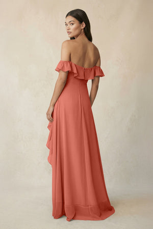 Ruffled Off-the-Shoulder A-Line Chiffon Bridesmaid Dress in Wild Rose - KissProm BRIDESMAID DRESSES