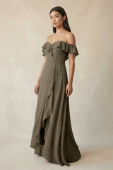 Ruffled Off-the-Shoulder A-Line Chiffon Bridesmaid Dress in Willow Green - KissProm BRIDESMAID DRESSES