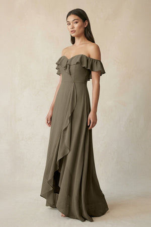 Ruffled Off-the-Shoulder A-Line Chiffon Bridesmaid Dress in Willow Green - KissProm BRIDESMAID DRESSES