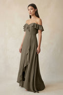 Ruffled Off-the-Shoulder A-Line Chiffon Bridesmaid Dress in Willow Green - KissProm BRIDESMAID DRESSES