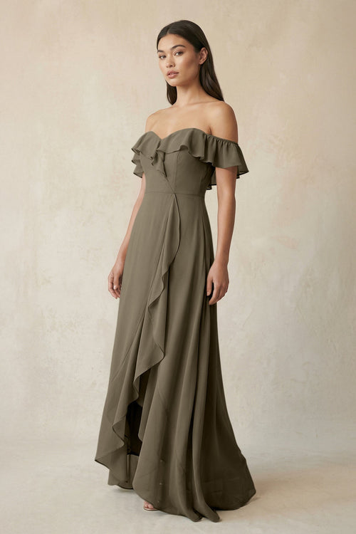 Ruffled Off-the-Shoulder A-Line Chiffon Bridesmaid Dress in Willow Green - KissProm BRIDESMAID DRESSES