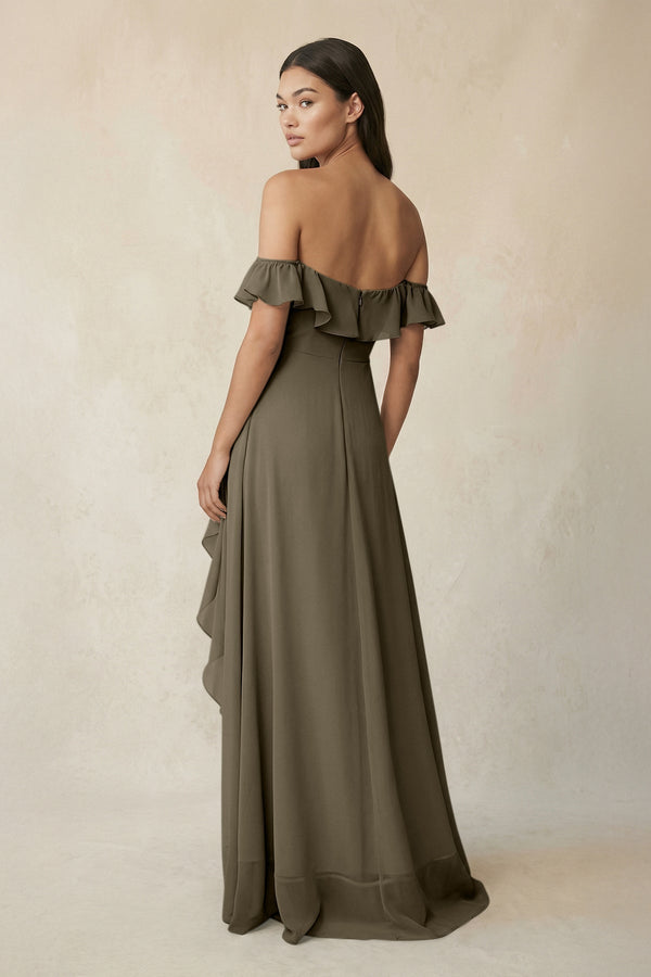 Ruffled Off-the-Shoulder A-Line Chiffon Bridesmaid Dress in Willow Green - KissProm BRIDESMAID DRESSES