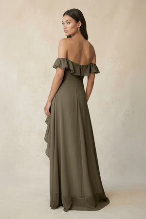 Ruffled Off-the-Shoulder A-Line Chiffon Bridesmaid Dress in Willow Green - KissProm BRIDESMAID DRESSES