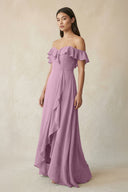 Ruffled Off-the-Shoulder A-Line Chiffon Bridesmaid Dress in Wisteria - KissProm BRIDESMAID DRESSES