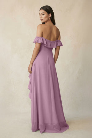 Ruffled Off-the-Shoulder A-Line Chiffon Bridesmaid Dress in Wisteria - KissProm BRIDESMAID DRESSES