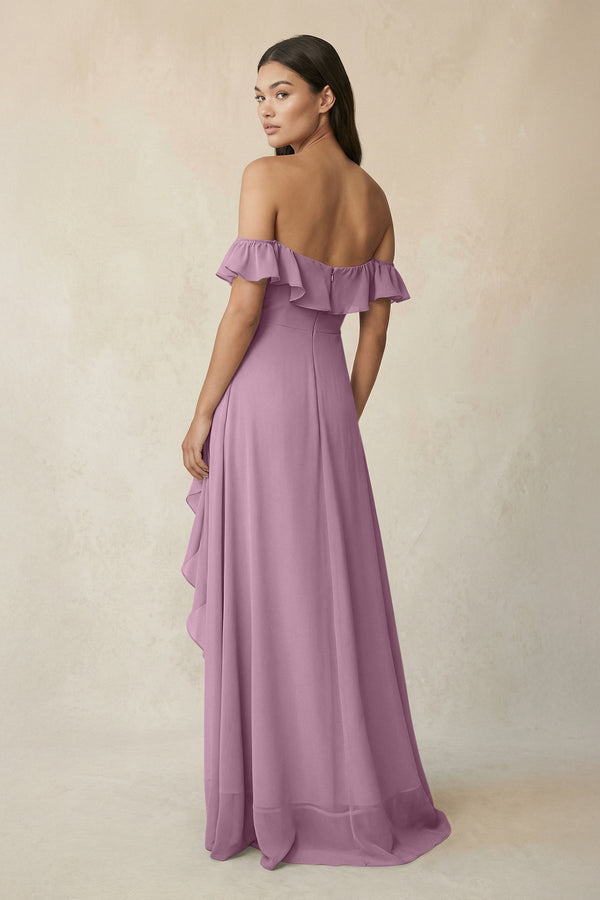 Ruffled Off-the-Shoulder A-Line Chiffon Bridesmaid Dress in Wisteria - KissProm BRIDESMAID DRESSES