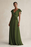 A-Line V-Neck Ruffled Sleeve Chiffon Bridesmaid Dress in Olive - KissProm BRIDESMAID DRESSES
