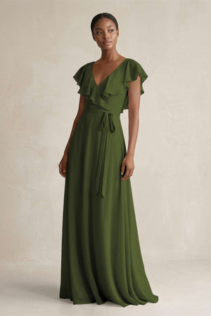 A-Line V-Neck Ruffled Sleeve Chiffon Bridesmaid Dress in Olive - KissProm BRIDESMAID DRESSES