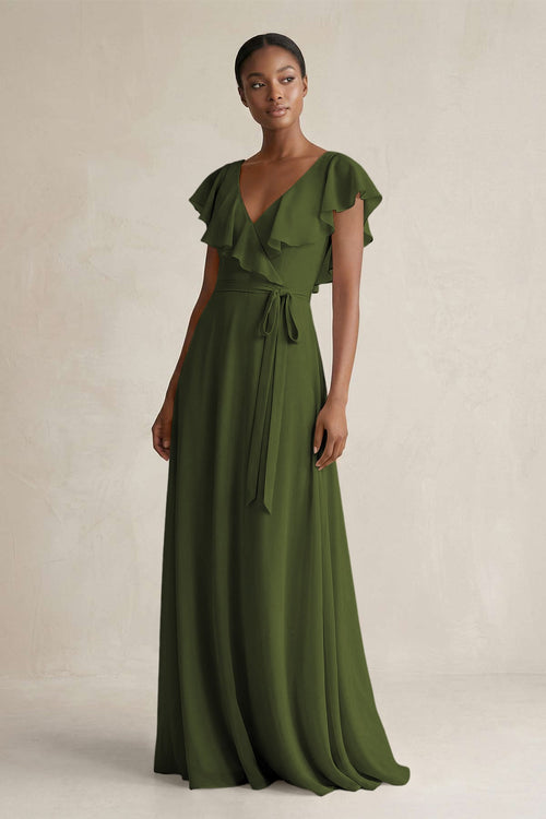 A-Line V-Neck Ruffled Sleeve Chiffon Bridesmaid Dress in Olive - KissProm BRIDESMAID DRESSES