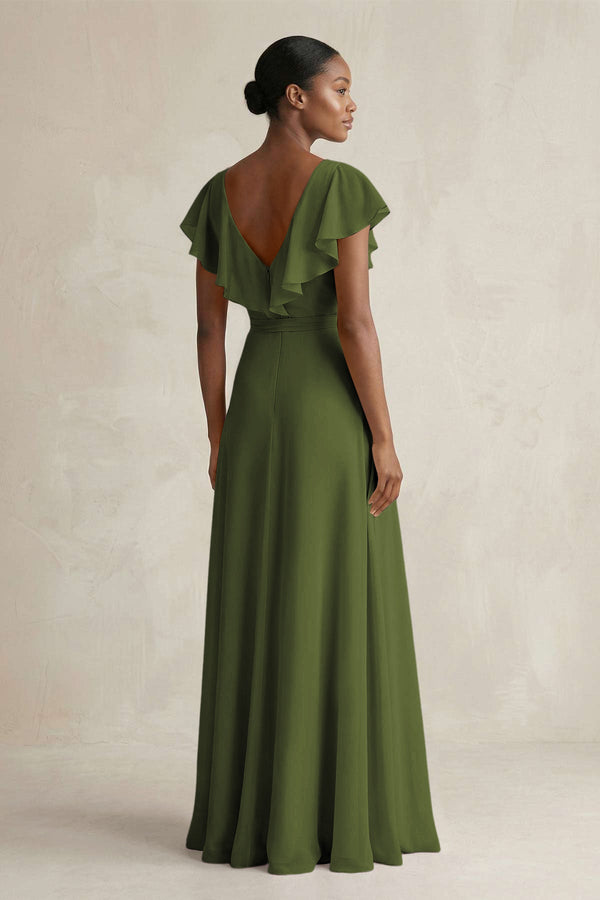 A-Line V-Neck Ruffled Sleeve Chiffon Bridesmaid Dress in Olive - KissProm BRIDESMAID DRESSES