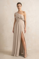 Ruffled One - Shoulder A - Line Chiffon Bridesmaid Dress in Almond - KissProm Bridesmaid Dresses