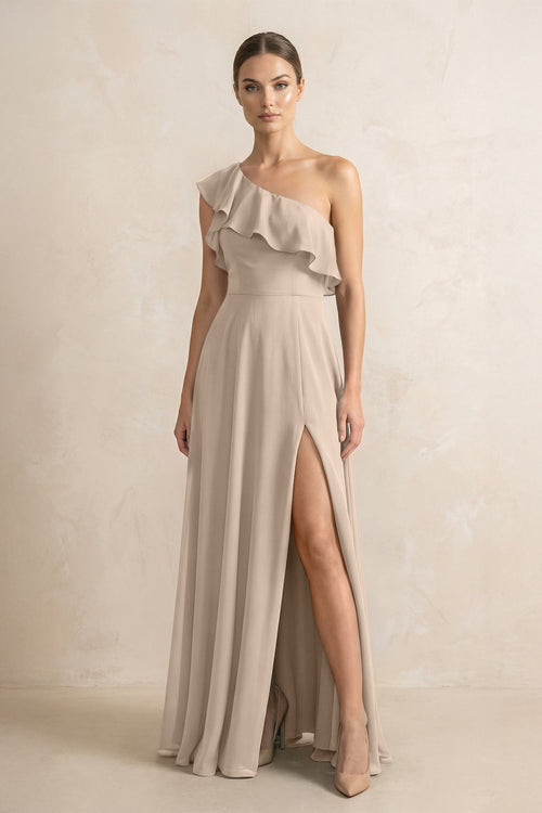 Ruffled One - Shoulder A - Line Chiffon Bridesmaid Dress in Almond - KissProm Bridesmaid Dresses