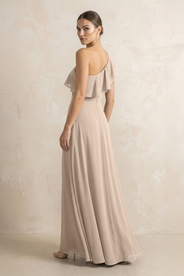 Ruffled One - Shoulder A - Line Chiffon Bridesmaid Dress in Almond - KissProm Bridesmaid Dresses