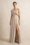Ruffled One - Shoulder A - Line Chiffon Bridesmaid Dress in Almond - KissProm Bridesmaid Dresses