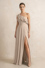 Ruffled One - Shoulder A - Line Chiffon Bridesmaid Dress in Almond - KissProm Bridesmaid Dresses