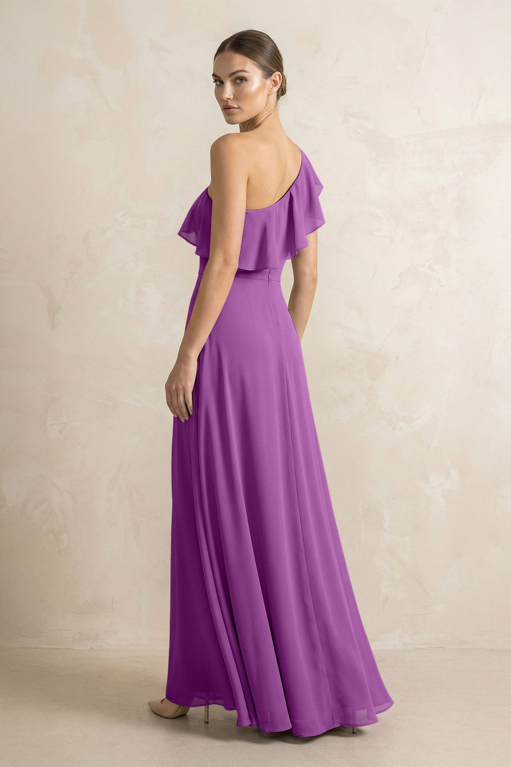 Ruffled One - Shoulder A - Line Chiffon Bridesmaid Dress in Amethyst - KissProm Bridesmaid Dresses