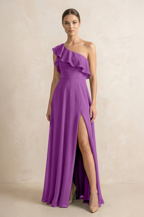 Ruffled One - Shoulder A - Line Chiffon Bridesmaid Dress in Amethyst - KissProm Bridesmaid Dresses